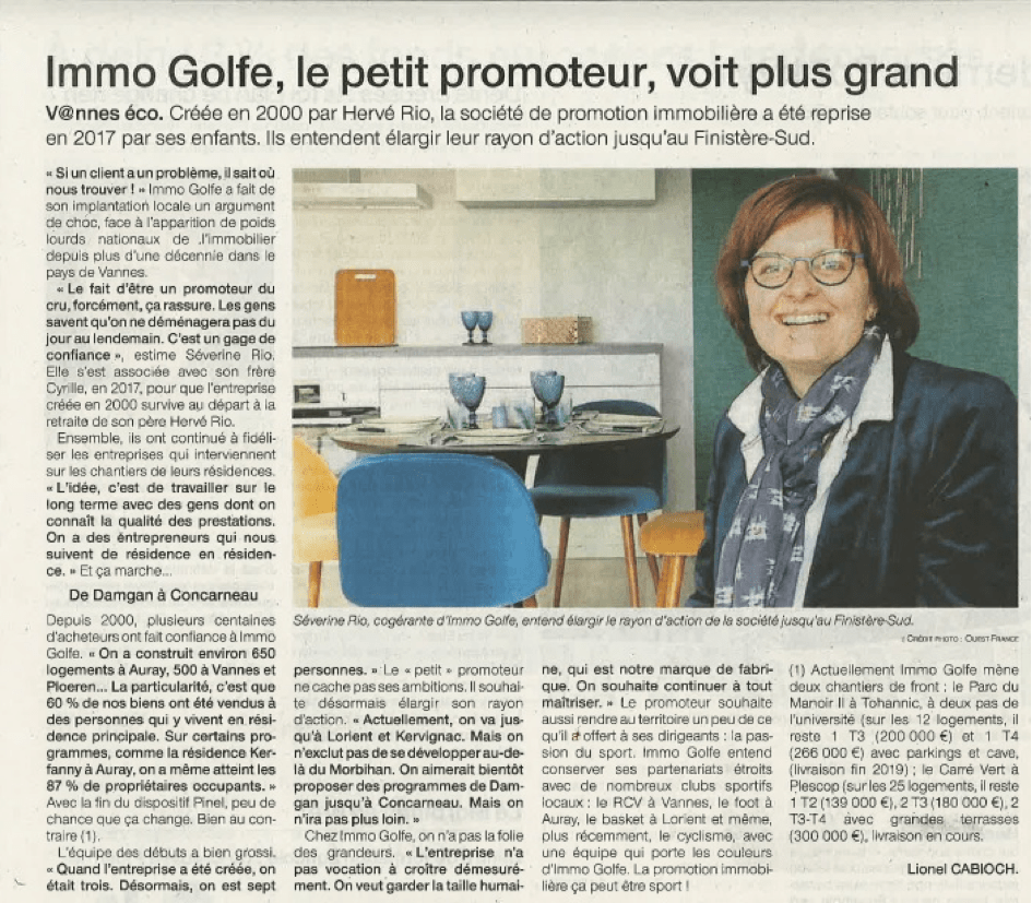 Article du Ouest-France du 7 janvier 2019 à propos d'Immo Golfe Bretagne