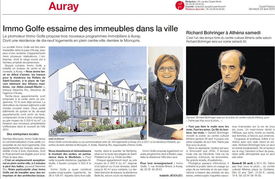 Article du Ouest-France du 29 avril 2016 à propos d'Immo Golfe Bretagne