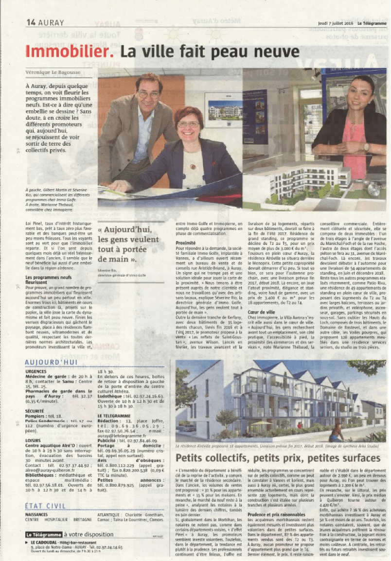 Article du Télégramme du 7 juillet 2016 à propos d'Immo Golfe Bretagne